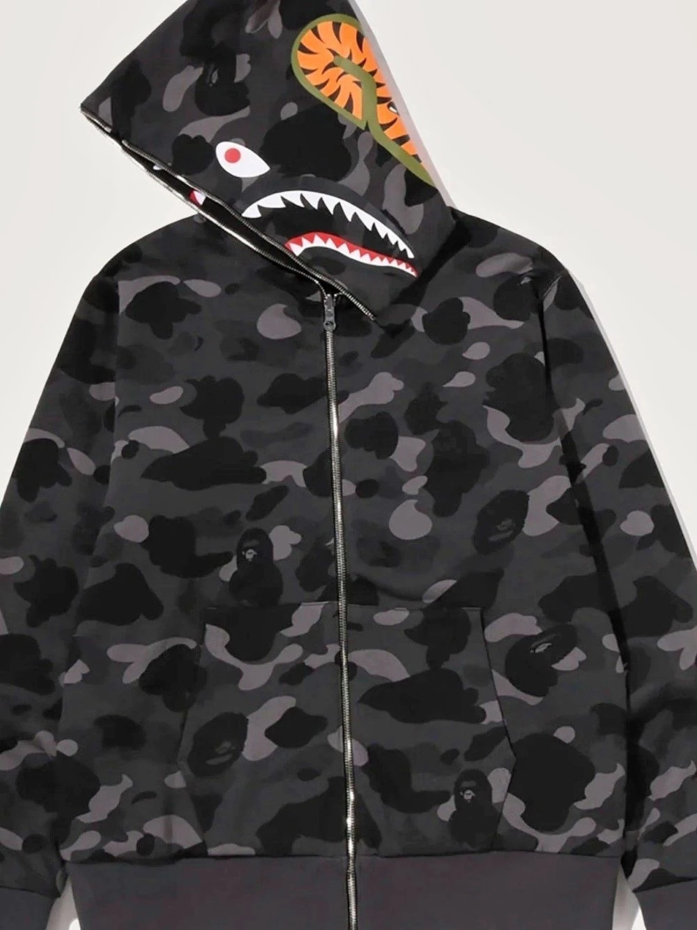 A Bathing Ape Shark Hoodie Camo Bomber Jacket Black & Gray Like New